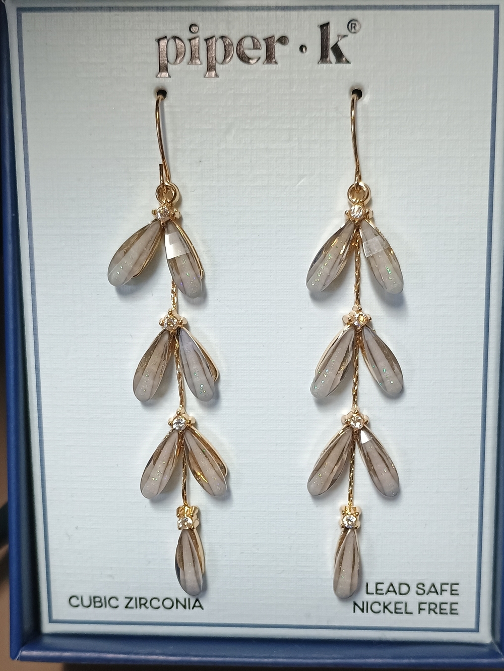 Piper K Gold Leaf Drop Dangle Linear Earrings NIB Cubic Zirconia Neutral Coffee